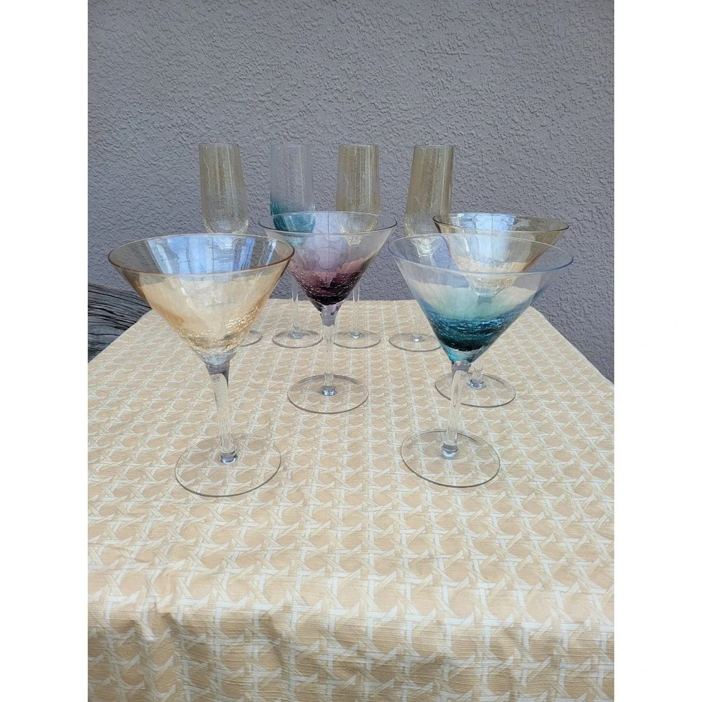Pier 1 Multicolor Crackle & Dotted Martini/Champange Glass Barware Set of 6